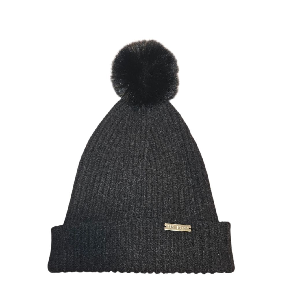 Ted Baker London Emily Ribbed Beanie Hat with Faux Fur Pom-Pom, Black